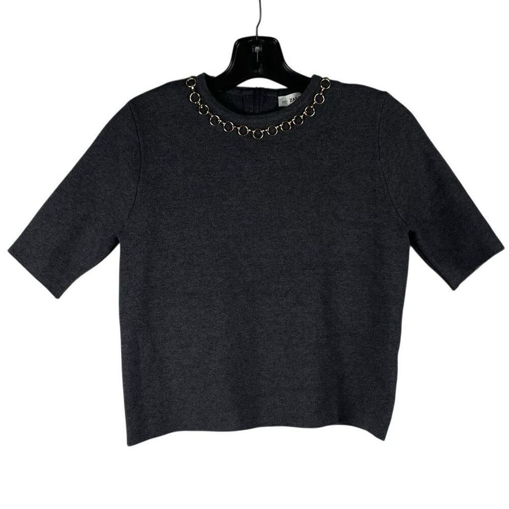 Zara Knit Short Sleeve Gold Chain Sweater Small